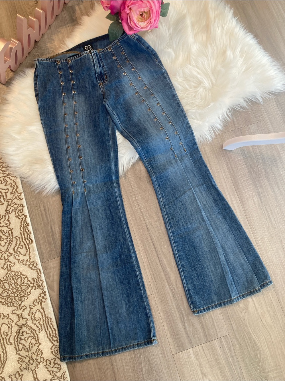 XOXO Dark Blue Stud-Trim Flare Jeans 3/4